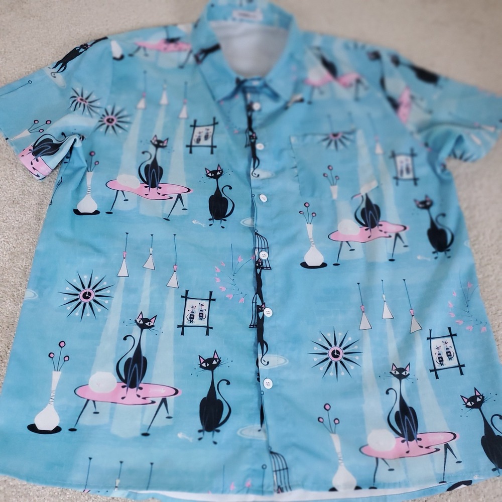 Hawalili Button Down Shirt Men's Large Blue Atomic Mid Century Modern Retro Cats